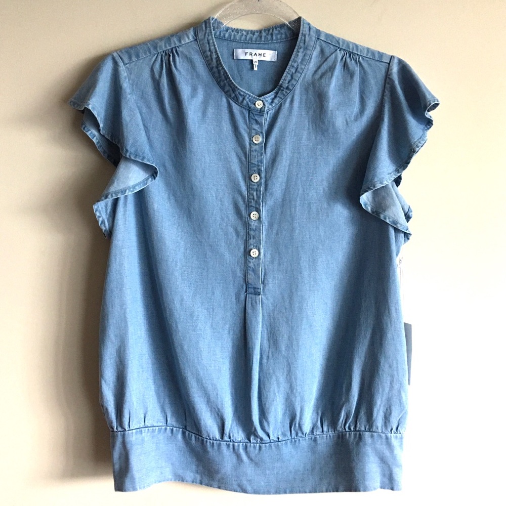 FRAME Smocked Flutter Sleeve Chambray Shirt Rowan